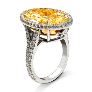 Fancy Yellow Diamond Ring Oval Cut 13 Carat Halo Ring in Platinum & 18K Gold Side View