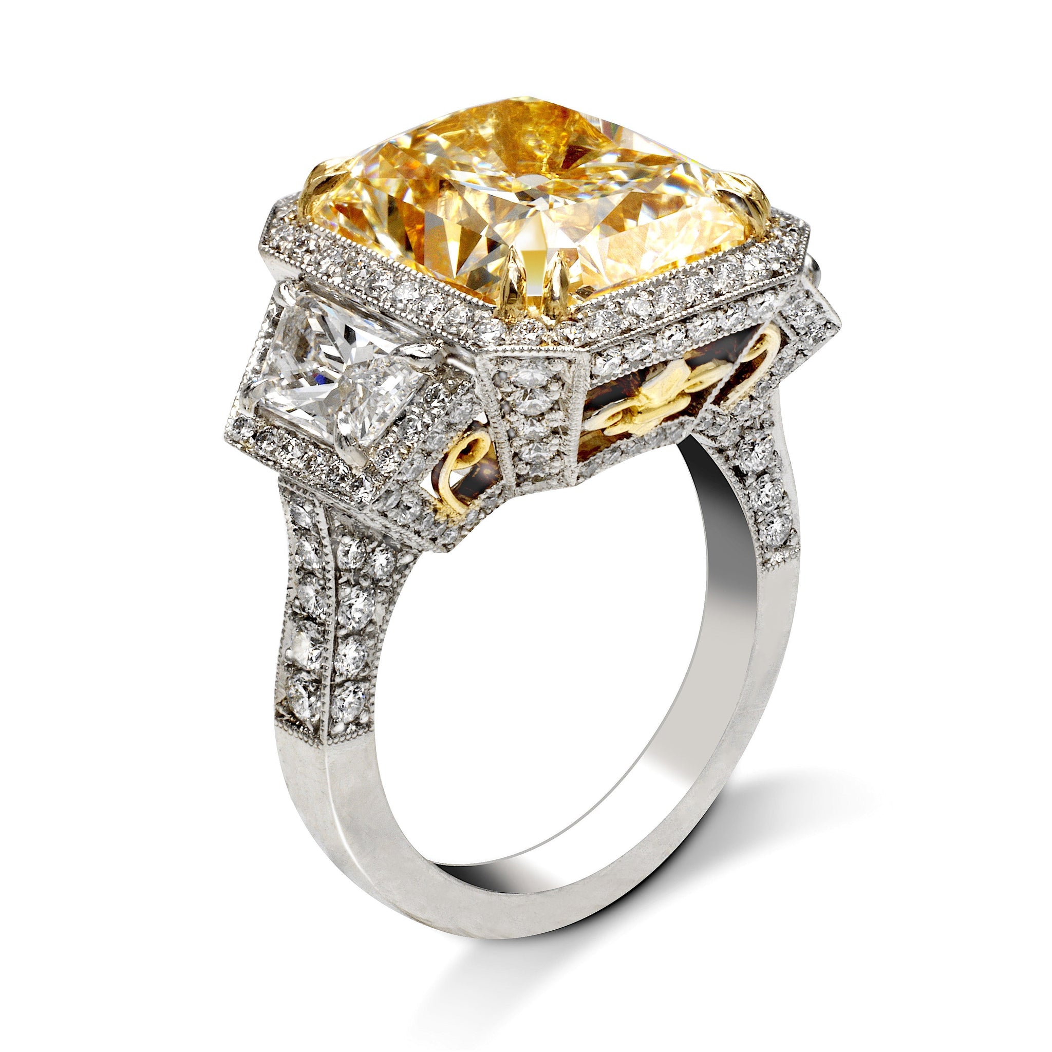 Yellow Diamond Ring Radiant Cut 13 Carat Halo Ring in Platinum Side View