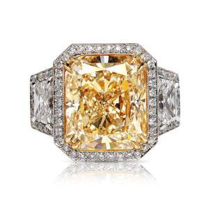 Yellow Diamond Ring Radiant Cut 13 Carat Halo Ring in Platinum Front View
