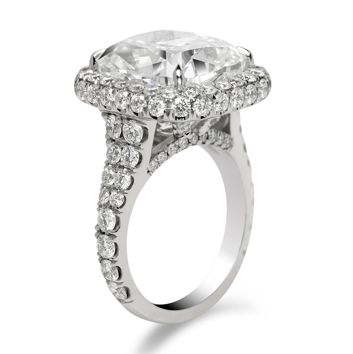 Diamond Ring Cushion Cut 14 Carat Halo Ring in Platinum Side View