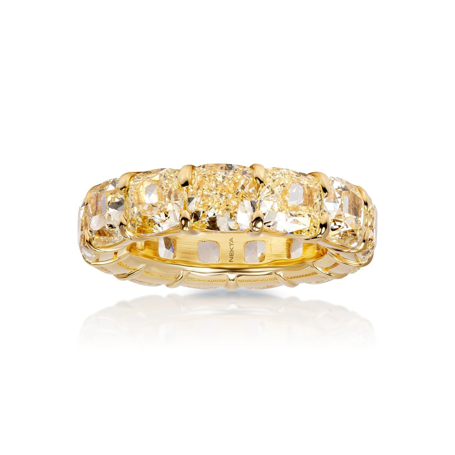Cushion Cut Yellow Diamond Eternity Band 14 Carat  Shared Prong Ring in 18K Yellow Gold Front View