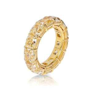 Cushion Cut Yellow Diamond Eternity Band 14 Carat  Shared Prong Ring in 18K Yellow Gold Side View