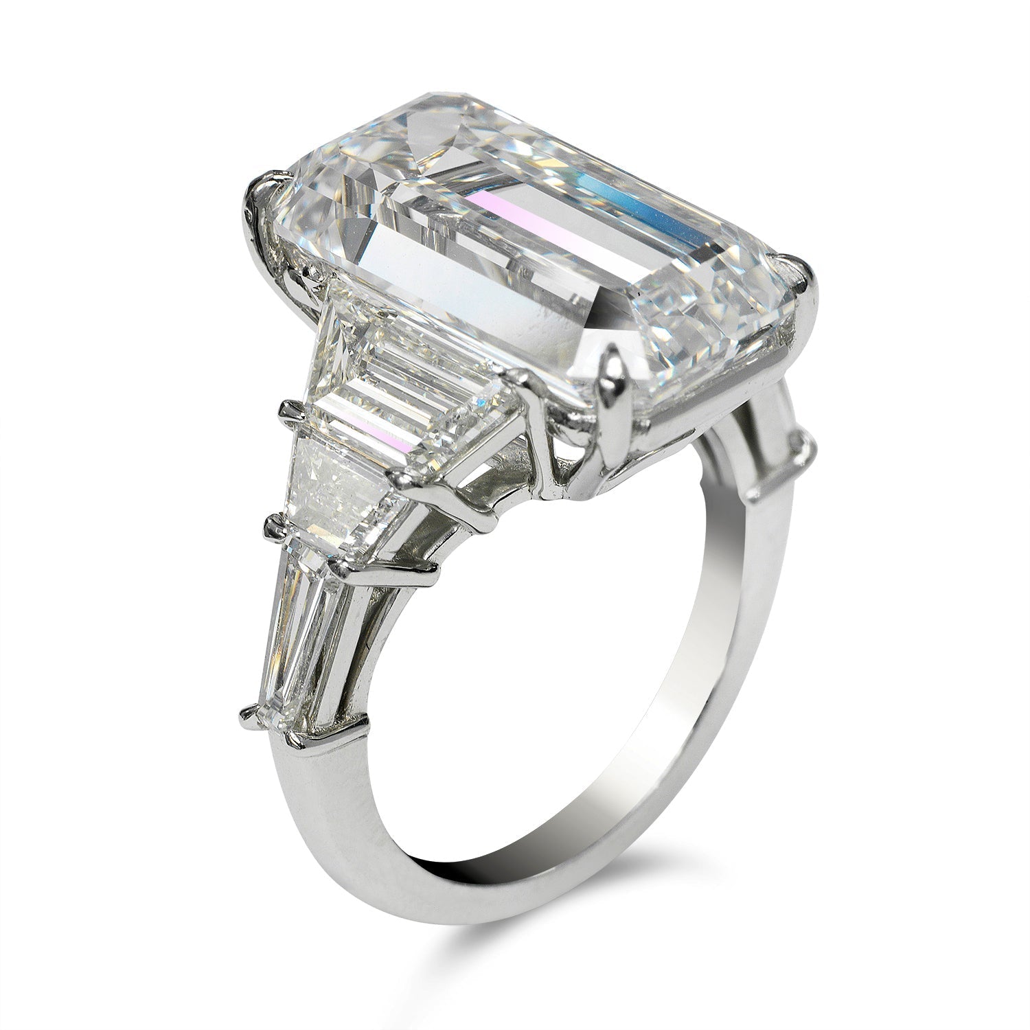 Diamond Ring Emerald Cut 14 Carat Three Stone Ring in Platinum Side View