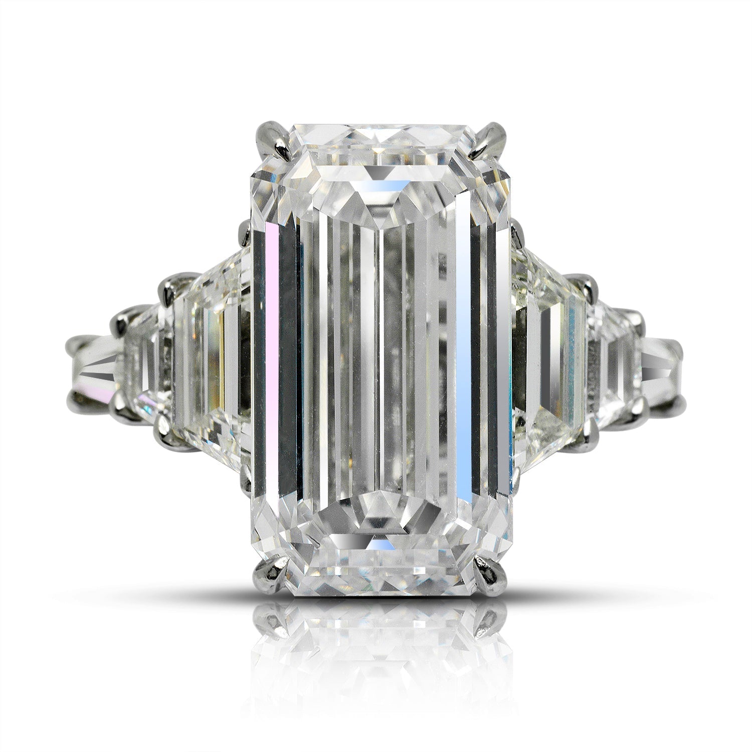Diamond Ring Emerald Cut 14 Carat Three Stone Ring in Platinum Front View