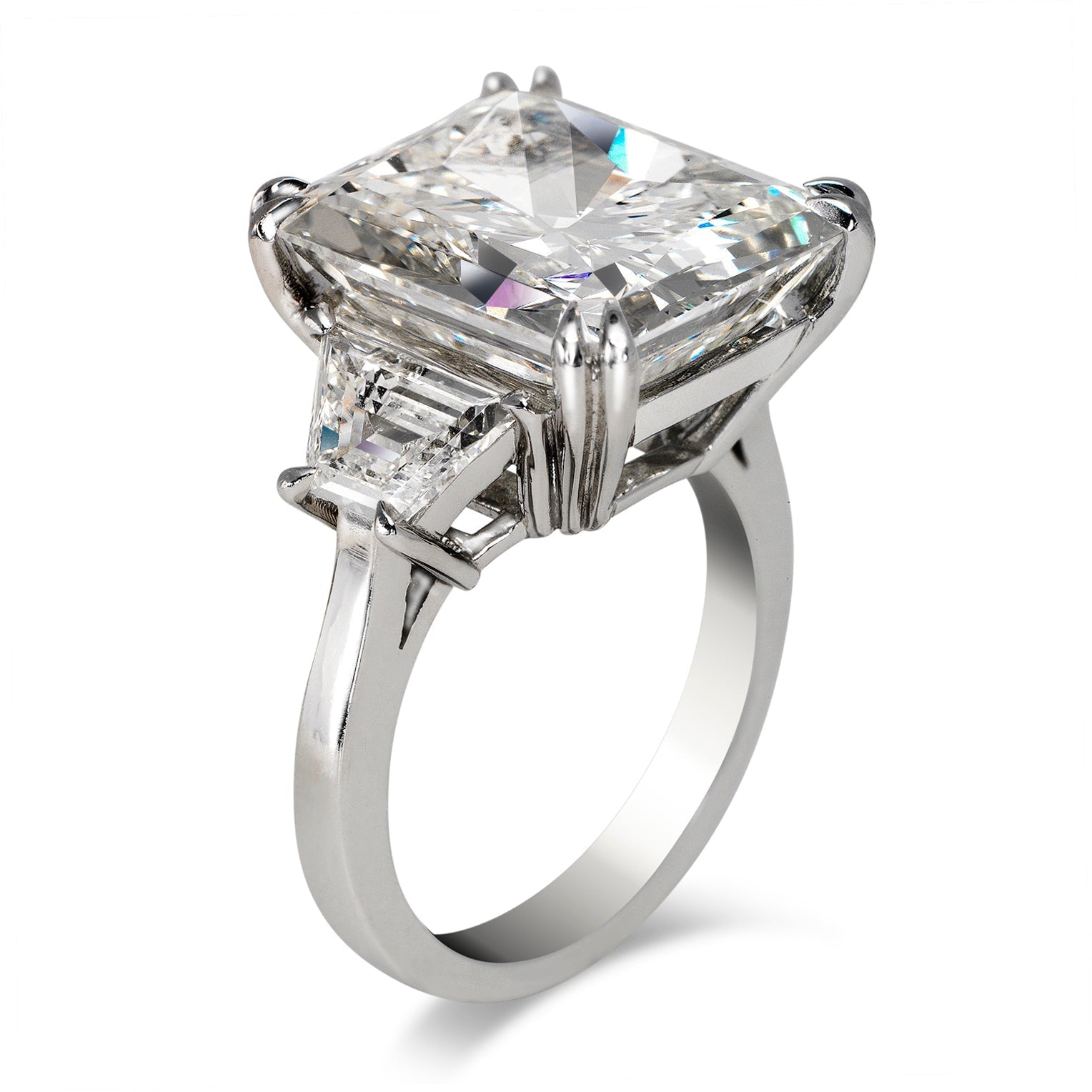 Diamond Ring Radiant Cut 14 Carat Three Stone Ring in Platinum Side View