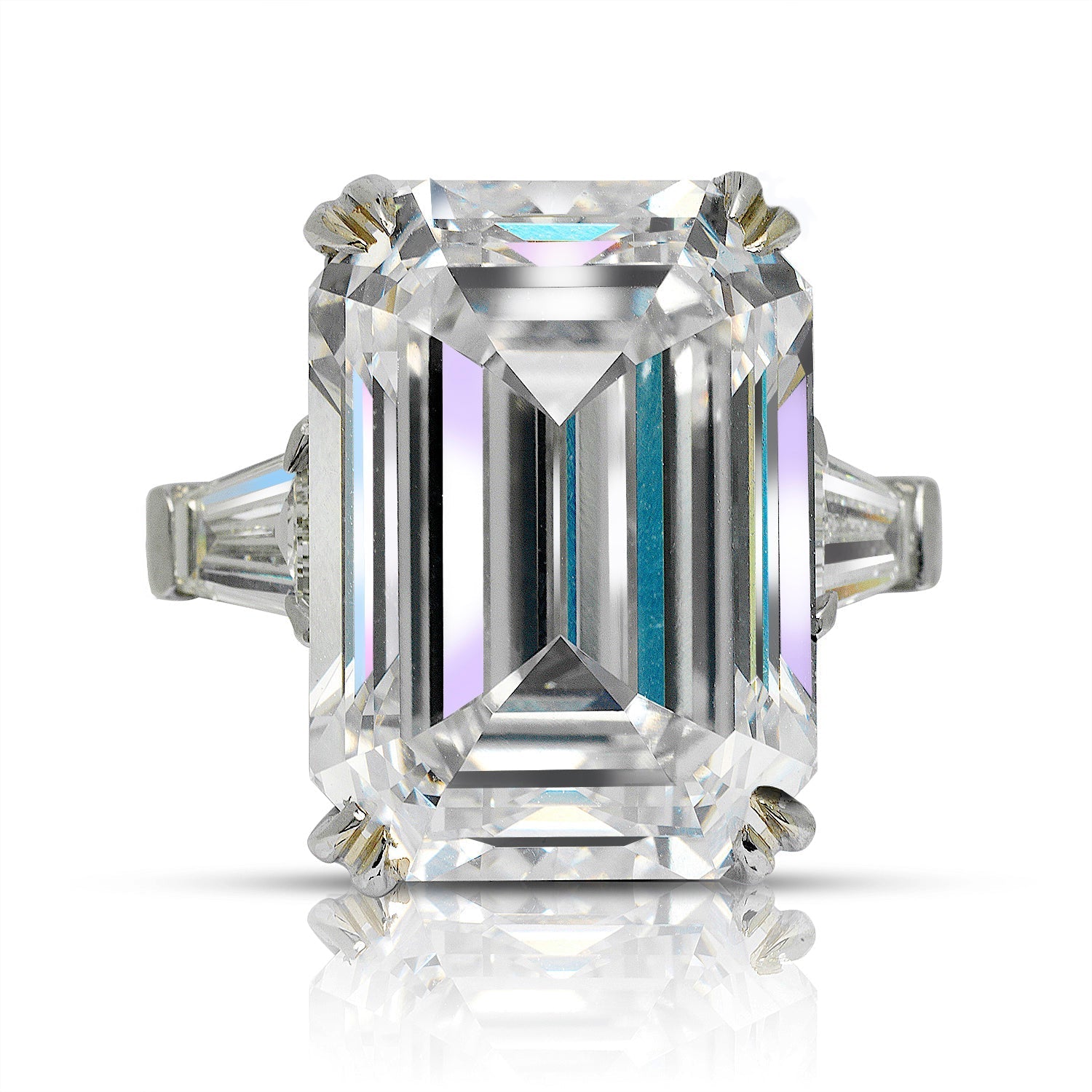 Diamond Ring Emerald Cut 15 Carat Three Stone Ring in Platinum Front View