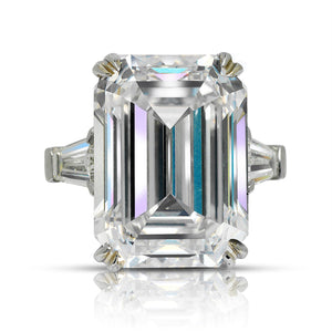 Diamond Ring Emerald Cut 15 Carat Three Stone Ring in Platinum Front View