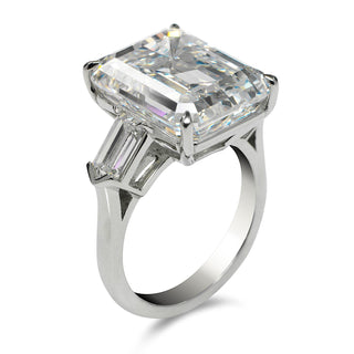 Diamond Ring Emerald Cut 15 Carat Three Stone Ring in Platinum Side View