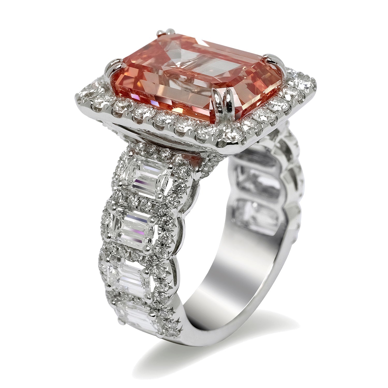 Orangy Pink Diamond Ring Emerald Cut 15 Carat Halo Ring in 18K White Gold Side View