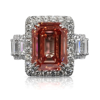 Orangy Pink Diamond Ring Emerald Cut 15 Carat Halo Ring in 18K White Gold Front View
