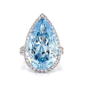 Blue Diamond Ring Pear Shape Cut 15 Carat Halo Ring in 18K White Gold Front View