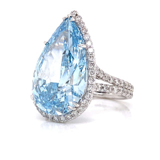 Blue Diamond Ring Pear Shape Cut 15 Carat Halo Ring in 18K White Gold Side View
