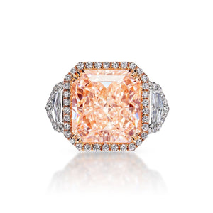 PRIEM 15 Carat Radiant Cut Fancy Intense Orangy Pink Three Stone Diamond Engagement Ring GIA Certified 13 CT Fancy Orangey Pink by Mike Nekta NYC Front View