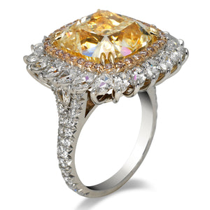 Yellow Diamond Ring Cushion Cut 16 Carat pear Diamonds Halo Ring in Platinum  Side View