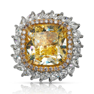 Yellow Diamond Ring Cushion Cut 16 Carat pear Diamonds Halo Ring in Platinum  Front View