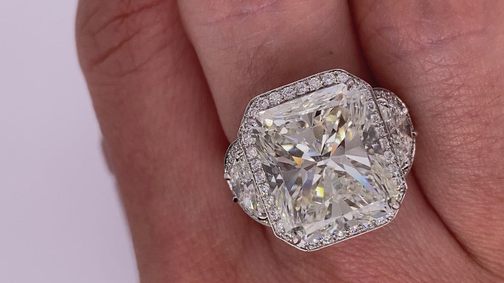 Diamond Ring Radiant Cut 11 Carat Halo Ring in Platinum Video on Hand