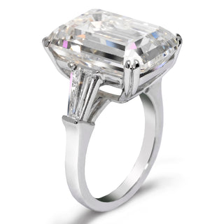 Diamond Ring Emerald Cut 18 Carat Three Stone Ring in Platinum Side View