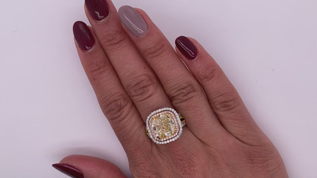 Light Yellow Diamond Ring Cushion Cut 8 Carat Halo Ring in Platinum Video on Hand