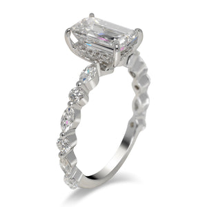 Diamond Ring Emerald Cut 2 Carat Sidestone Ring in 18K  White Gold Side View