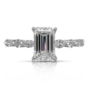 Diamond Ring Emerald Cut 2 Carat Sidestone Ring in 18K  White Gold Front View