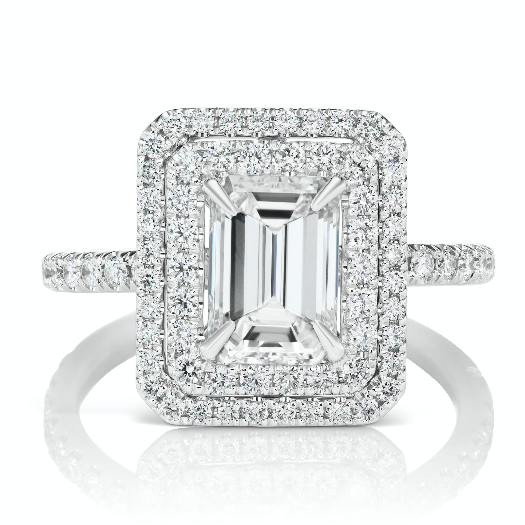 Diamond Ring Emerald Cut 2 Carat Halo Ring in 18K White Gold Front View