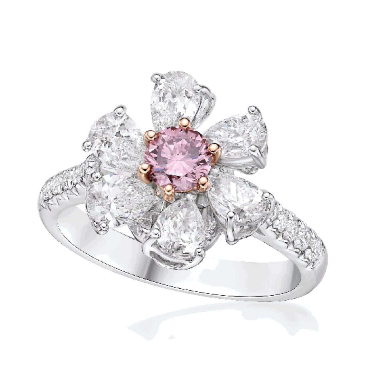 2 carat diamond ring with 6 Pear Shaped Diamond Petals and 1 center Pink diamond  ring in 18k White Gold 