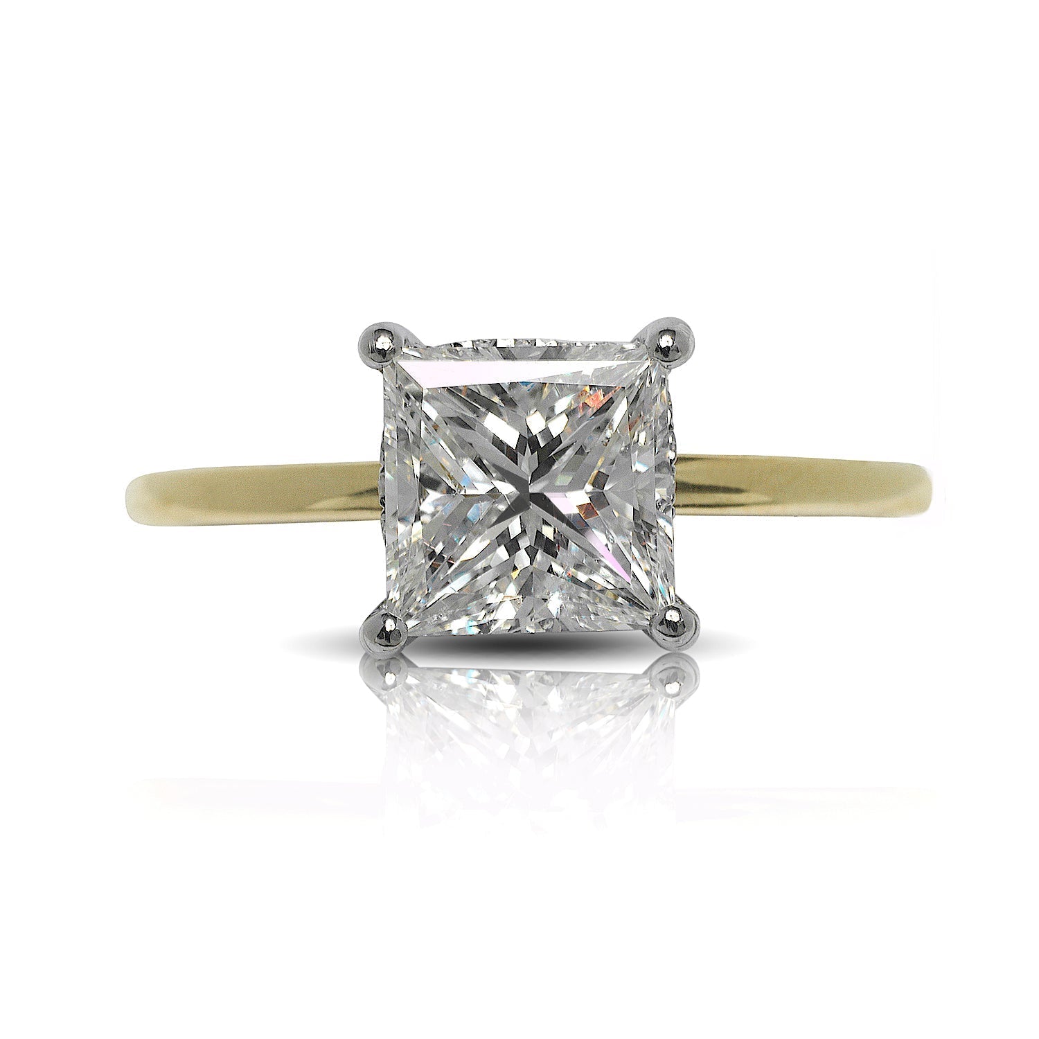 Diamond Ring Princess Cut 2 Carat Solitaire Ring in 18k Yellow Gold Front View