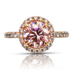 Orangy Pink Diamond Ring Round Cut 2 Carat Halo Ring in 18 K Rose Gold Front View