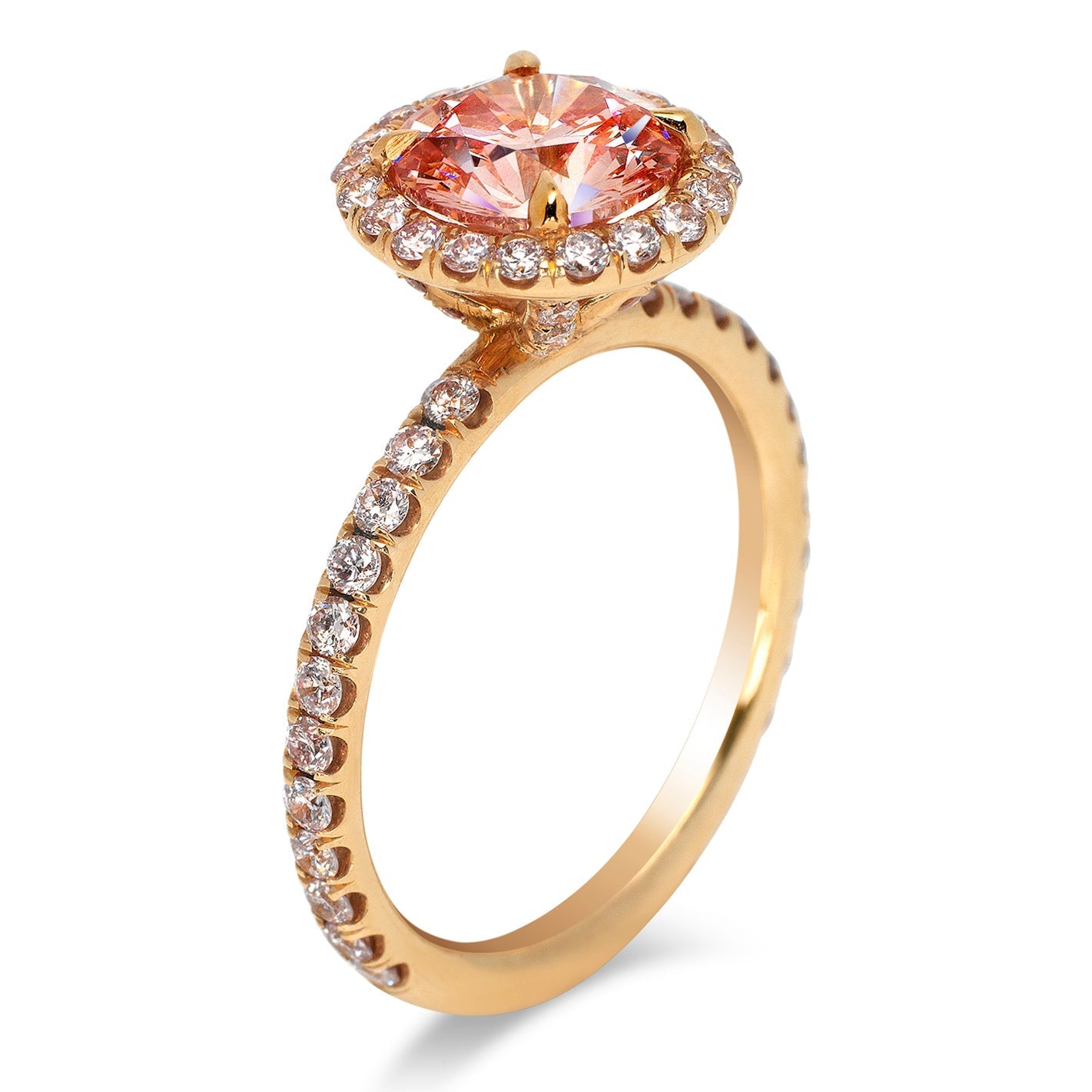 Orangy Pink Diamond Ring Round Cut 2 Carat Halo Ring in 18 K Rose Gold Side View