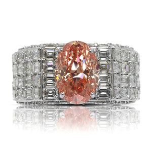 Orangy Pink Diamond Ring Oval Cut 20 Carat Men's Chandelier Ring in 14K White Gold Front View