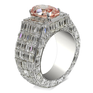 Orangy Pink Diamond Ring Oval Cut 20 Carat Men's Chandelier Ring in 14K White Gold Side View