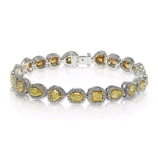 Yellow Diamond Bracelet Cushion Heart & Pear  Cut 20 Carat Inline Halo Bracelet in 18K White Gold Front View