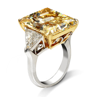 Yellow Diamond Ring Radiant Cut 23 Carat Three Stone Ring in Platinum & 18K Gold Sider View