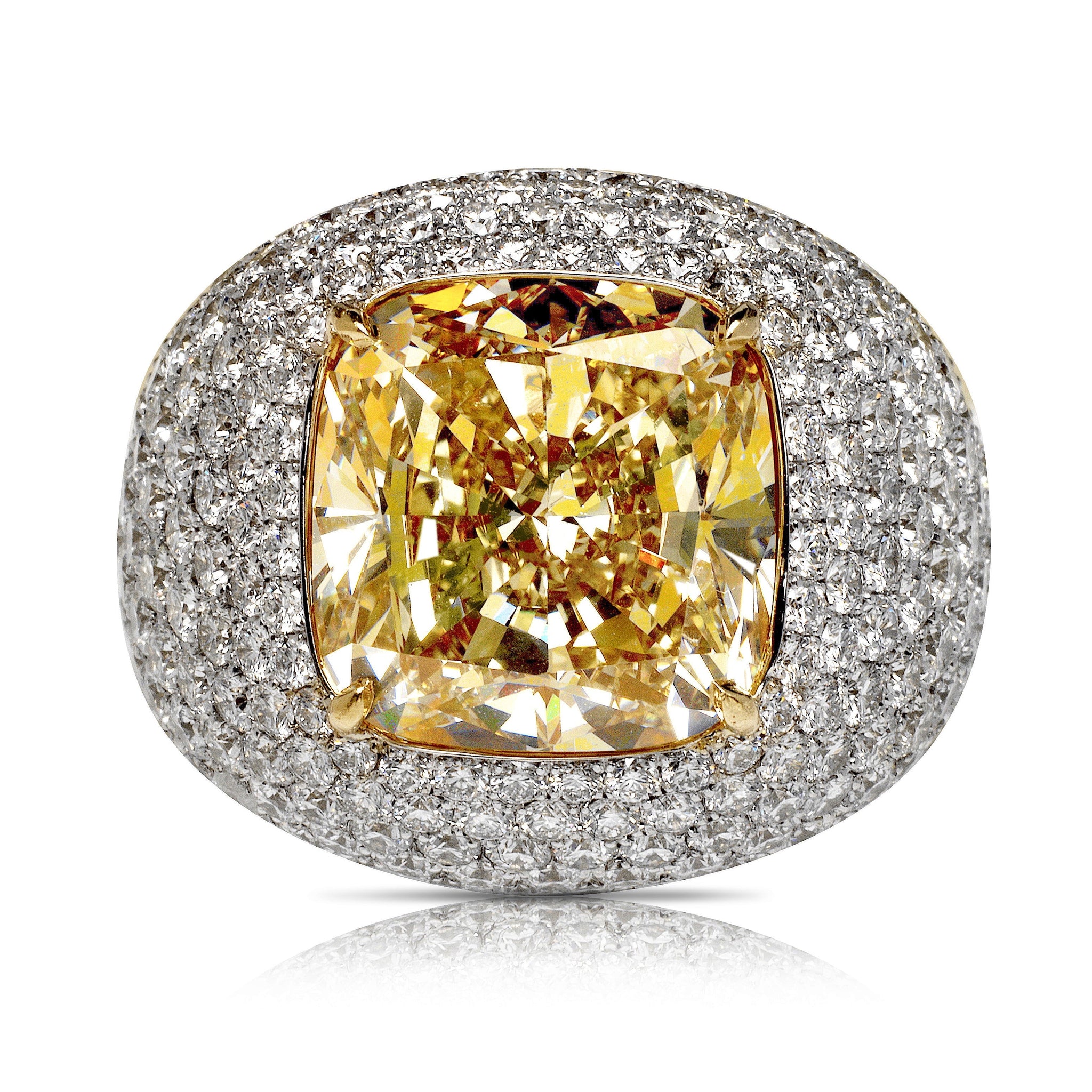 Yellow Diamond Ring Cushion Cut 24 Carat  Halo Ring in Platinum & 18K White Gold Front View