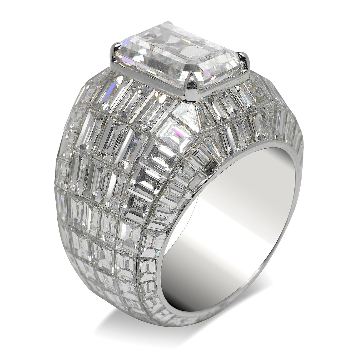 Men's Diamond Engagement Ring Emerald Cut 25 Carat Chandelier Ring in 18K White Gold Side View