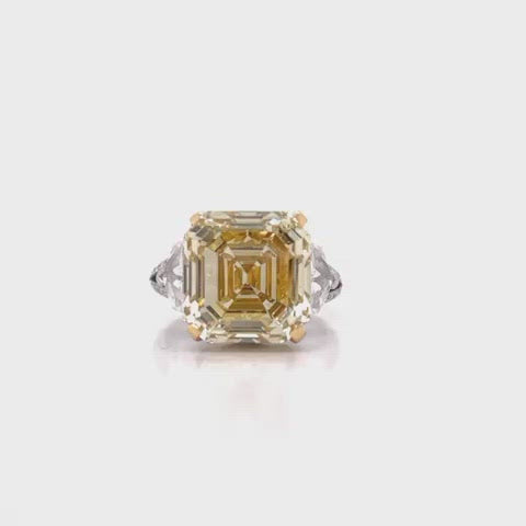 Yellow Diamond Ring Asscher Cut 11 Carat three stone ring in 18K Video 360 view