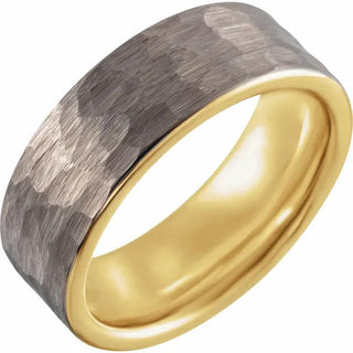 Men's Tungsten Wedding Ring PVD 8mm with Hammer in 18K Yellow Gold Side View