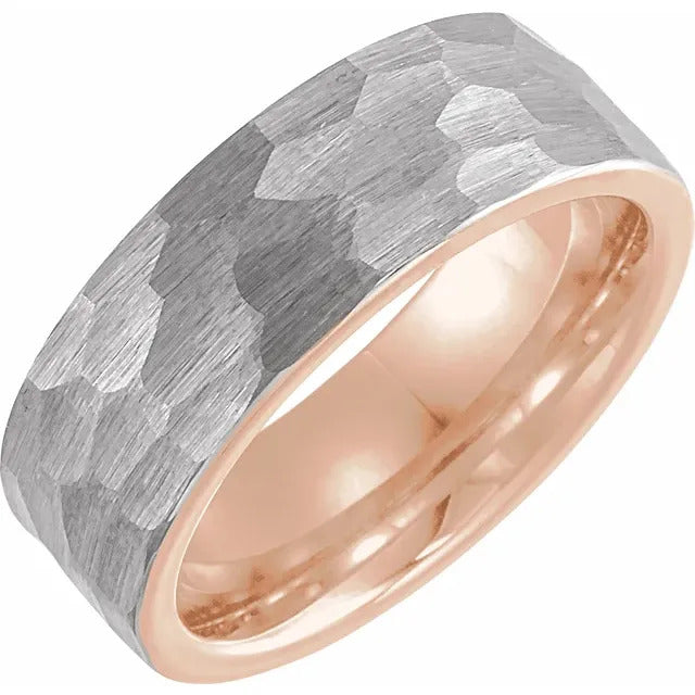 Men's Tungsten Wedding Ring 8 mm with Hammer in 18K Rose Gold Side View