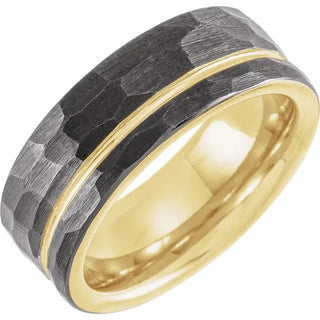 Men's Tungsten Wedding Ring 8mm With Hammer in Black & Yellow Gold Side View