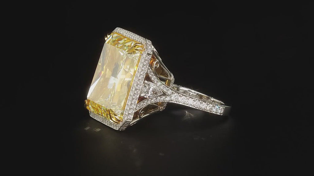 Fancy Yellow Diamond Ring Radiant Cut 40 carat Halo Ring in Platinum & 18K Gold 360 View