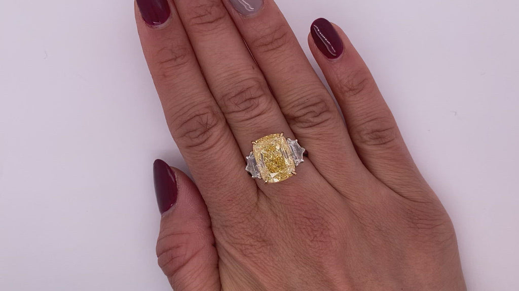 Light Yellow Diamond Ring Cushion Cut 11 Carat Three Stone Ring in Platinum Video on Hand