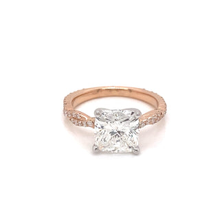 Light Pink Diamond Ring Cushion Cut 3 Carat Sidestone Ring in 18K Rose Gold Front View