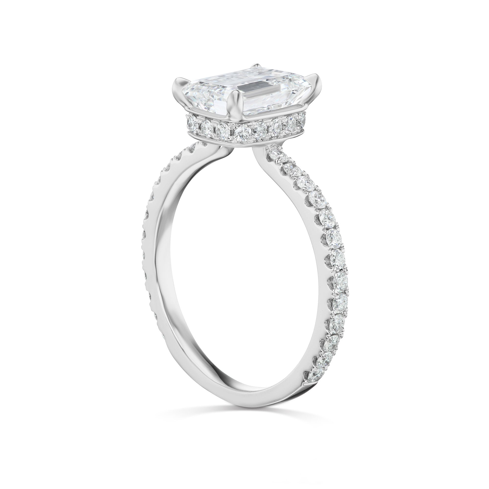 Diamond Ring Emerald Cut 3 Carat Sidestone Ring in 18K White Gold Side View