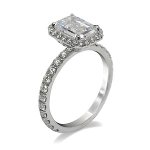 Diamond Ring Emerald Cut 3 Carat Halo Ring in Platinum Side View