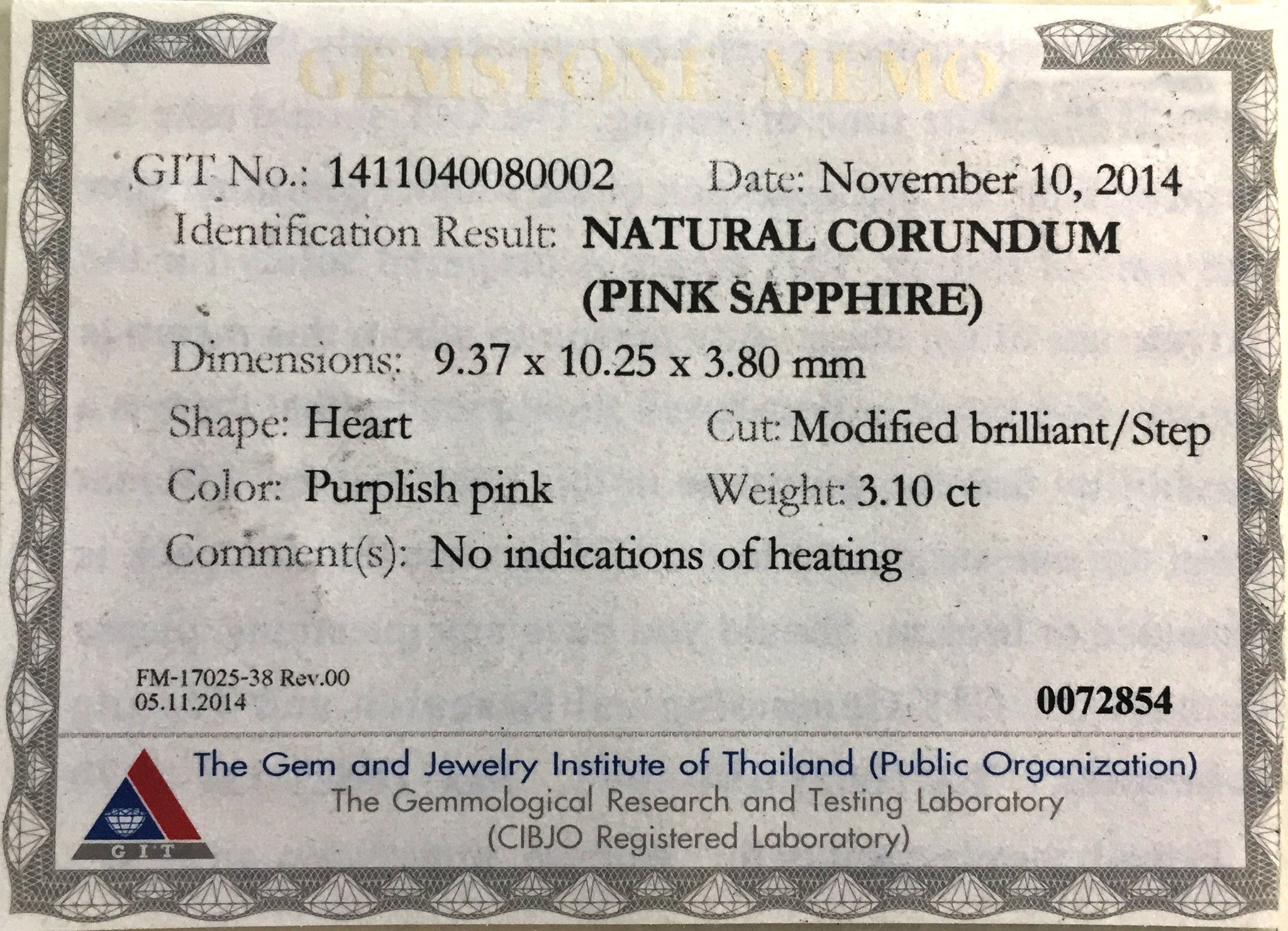 Purple Pink Loose Gemstone Heart Shaped 3 Carat GIT Certificate View