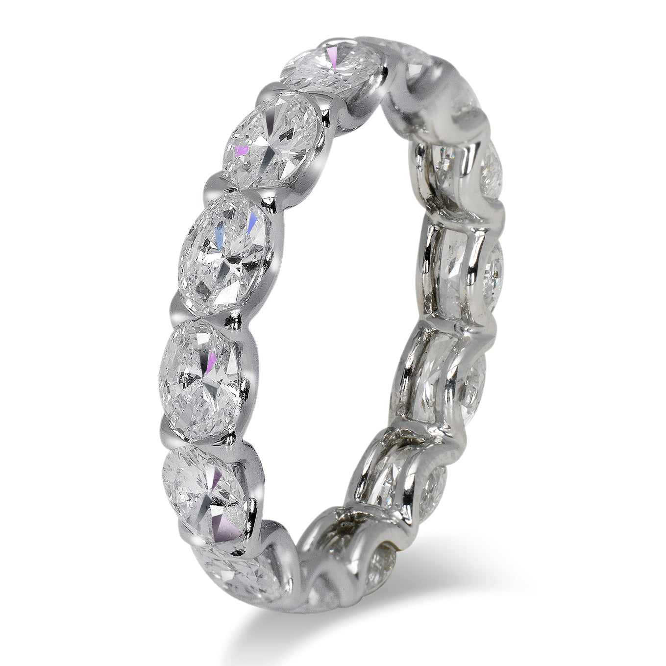 3 Carat Oval Cut Diamond Eternity Band in 18K White Gold U Shaped Shared Prong 20 pointer Side view