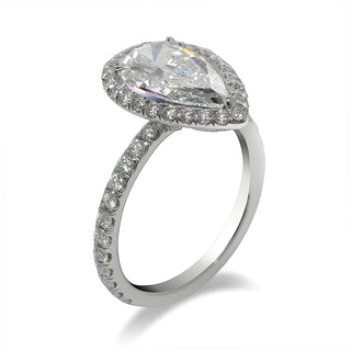 Diamond Ring Pear Shape Cut 3 Carat Halo Ring in Platinum Side View