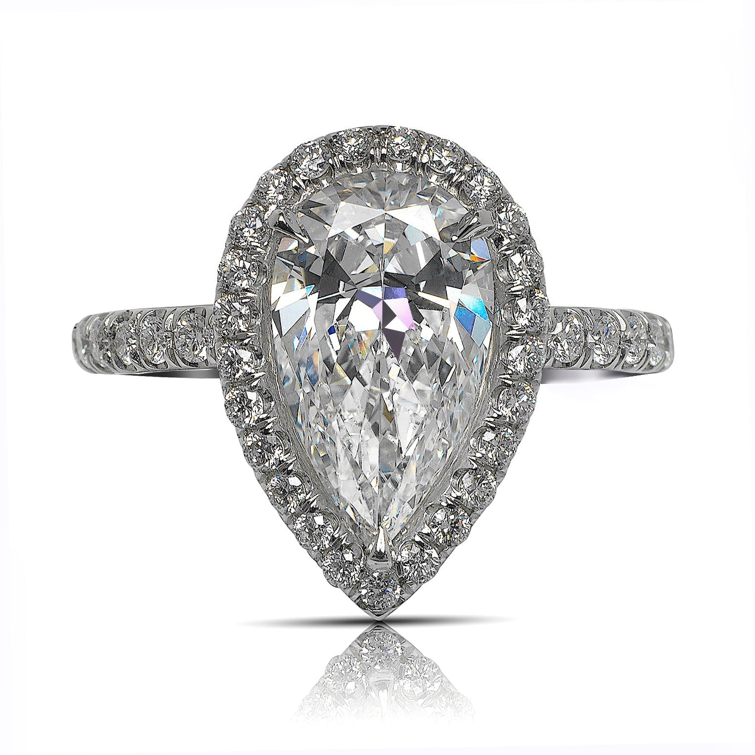 Diamond Ring Pear Shape Cut 3 Carat Halo Ring in Platinum Front View