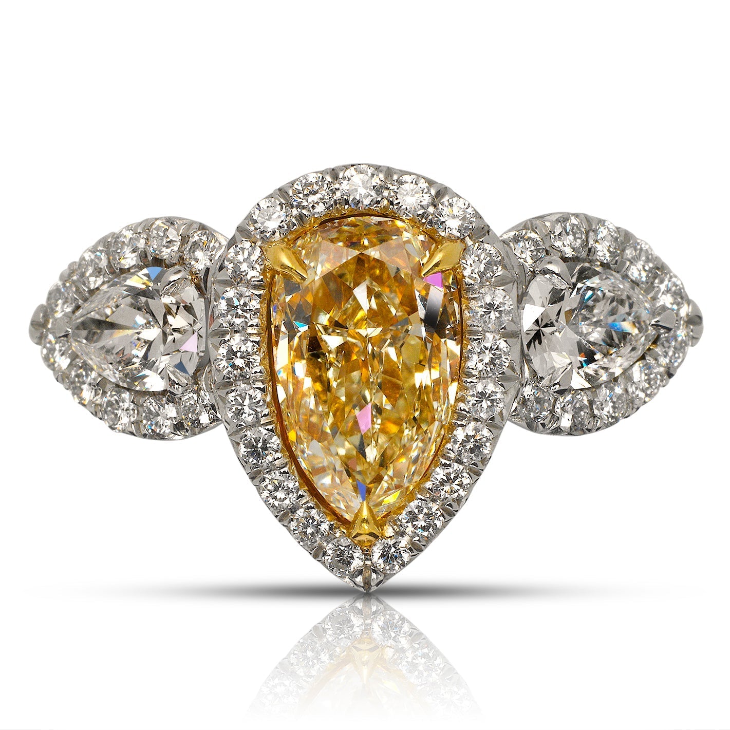 Yellow Diamond Ring Pear Shape Cut 3 Carat Halo Ring in Platinum Front View