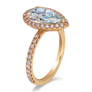 Green Blue Diamond Ring Pear Shape Cut 3 Carat Ring with Pink Diamond Halo  in 18K Rose Gold Side View